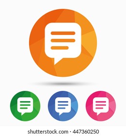 Chat sign icon. Speech bubble symbol. Communication chat bubble. Triangular low poly button with flat icon. Vector