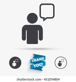Chat sign icon. Speech bubble symbol. Chat bubble with human. Flat icons. Buttons with icons. Thank you ribbon. Vector