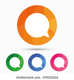 Chat sign icon. Speech bubble symbol. Communication chat bubbles. Triangular low poly button with flat icon. Vector