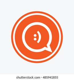 Chat sign icon. Speech bubble with smile symbol. Communication chat bubbles. Graphic design element. Flat speech bubble symbol on the round button. Vector