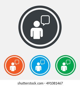 Chat sign icon. Speech bubble symbol. Chat bubble with human. Graphic design web element. Flat chat symbol on the round button. Vector