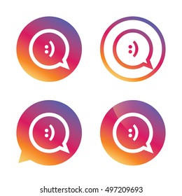 Chat sign icon. Speech bubble with smile symbol. Communication chat bubbles. Gradient buttons with flat icon. Speech bubble sign. Vector
