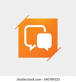 Chat sign icon. Speech bubble symbol. Communication chat bubble. Orange square label on pattern. Vector