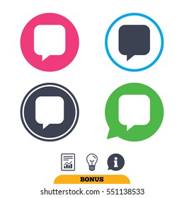 Chat sign icon. Speech bubble symbol. Communication chat bubbles. Report document, information sign and light bulb icons. Vector