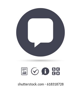 Chat sign icon. Speech bubble symbol. Communication chat bubbles. Report document, information and check tick icons. Currency exchange. Vector