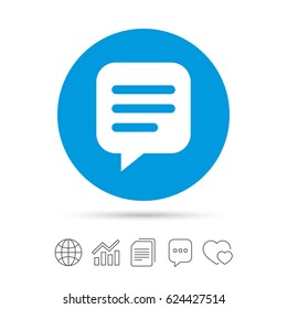 Chat sign icon. Speech bubble symbol. Communication chat bubble. Copy files, chat speech bubble and chart web icons. Vector
