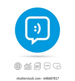 Chat sign icon. Speech bubble with smile symbol. Communication chat bubbles. Copy files, chat speech bubble and chart web icons. Vector