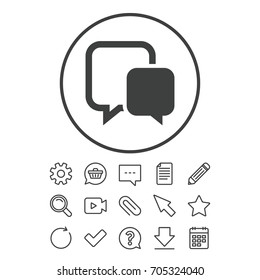 Chat sign icon. Speech bubble symbol. Communication chat bubble. Document, Chat and Paper clip line signs. Question, Pencil and Calendar line icons. Star, Download and Shopping cart. Vector