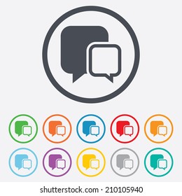 Chat sign icon. Speech bubbles symbol. Communication chat bubbles. Round circle buttons with frame. Vector