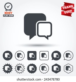 Chat sign icon. Speech bubbles symbol. Communication chat bubbles. Circle, star, speech bubble and square buttons. Award medal with check mark. Thank you ribbon. Vector