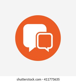 Chat sign icon. Speech bubbles symbol. Communication chat bubbles. Orange circle button with icon. Vector
