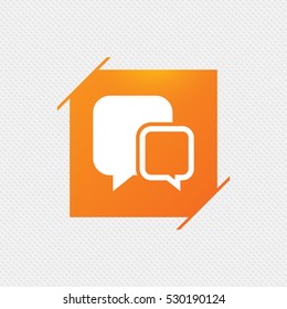 Chat sign icon. Speech bubbles symbol. Communication chat bubbles. Orange square label on pattern. Vector