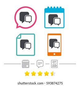 Chat sign icon. Speech bubbles symbol. Communication chat bubbles. Calendar, chat speech bubble and report linear icons. Star vote ranking. Vector