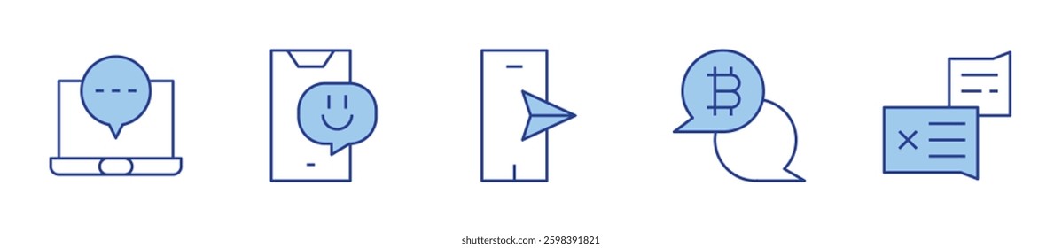 chat, smartphone, bitcoin, complain, laptop. Messaging Icon vector illustration. Line Duotone style. Editable stroke.