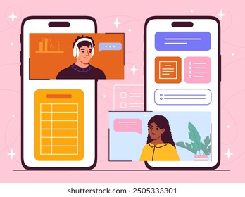 Chat at smartphone. Man and woman communicate on social networks and messengers. Online dialogue and chat. Communication on internet. Flat vector illustration isolated on pink background