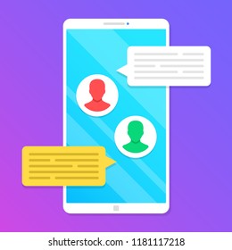 Chat. Smartphone with message speech bubbles and user profile icons. Mobile phone with messaging app. Online chatting, texting, sms concepts. Modern vector illustration