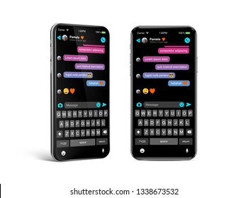 Chat sms internet communicator template on OLED smartphone screen in dark mode.
Modern design frame less smartphone - Best vector quality, ultra realistic