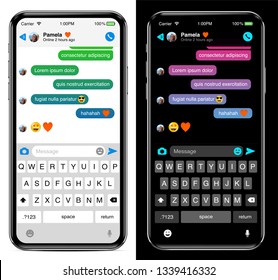 Chat sms internet communicator template on OLED smartphone screen in dark mode.
Modern design frame less smartphone - Best vector quality, ultra realistic