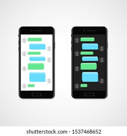 	
Chat sms internet communicator template on OLED smartphone screen in dark mode.