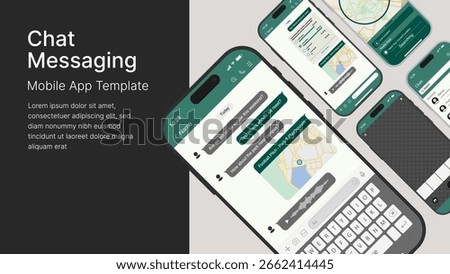 Chat Social Messaging Mobile App UI Template – Vector Smartphone Interface Design for Texting, GPS Location Map Sharing, Voice Messages, Photo and Video Shooting, and Modern Communication