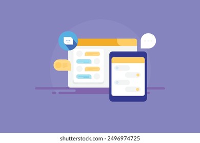 Chat software desktop and mobile version, Chat application linked to various digital devices, Chat bot accessing chat through devices - vector illustration background with icons