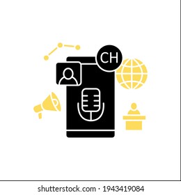 Chat speakers glyph icon. Main speaker. Administrator. Free microphone. Abstract communication room with friends. Communicate concept.Filled flat sign. Isolated silhouette vector illustration