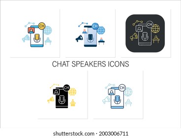 Chat speakers icons set. Main speaker. Administrator. Free microphone. Abstract communication room with friends.Collection of icons in linear, filled, color styles.Isolated vector illustrations