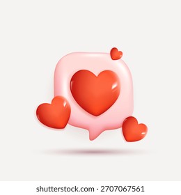 Converse balão de fala com corações 3d. mídias sociais como ícone. bate-papo mensagem de amor com corações 3d bonitos. Dia dos Namorados. app amor comentário. conceito de mídia social, amor emoticon. vetor 3d.