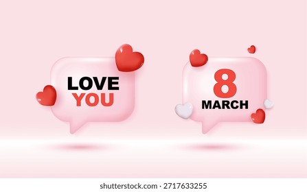 Burbuja de discurso de chat con corazones 3D. redes sociales como icono. mensaje de amor de chat con corazones 3D lindos. Día de San Valentín. comentario de amor App. concepto de redes sociales, emoticono de amor. Vector 3D.