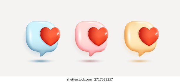 Burbuja de discurso de chat con corazones 3D. redes sociales como icono. mensaje de amor de chat con corazones 3D lindos. Día de San Valentín. comentario de amor App. concepto de redes sociales, emoticono de amor. Vector 3D.
