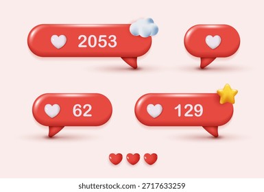 Burbuja de discurso de chat con corazones 3D. redes sociales como icono. mensaje de amor de chat con corazones 3D lindos. Día de San Valentín. comentario de amor App. concepto de redes sociales, emoticono de amor. Vector 3D.