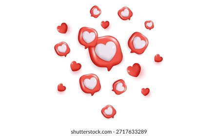 Burbuja de discurso de chat con corazones 3D. redes sociales como icono. mensaje de amor de chat con corazones 3D lindos. Día de San Valentín. comentario de amor App. concepto de redes sociales, emoticono de amor. Vector 3D.