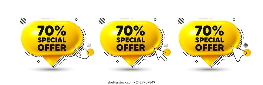 Chat-Sprechblasen-3D-Symbole. 70 Prozent Rabatt Angebot Tag. Verkaufspreis Promo-Zeichen. Symbol für Sonderangebote. Rabatt-Chat-Angebot. Banner für Sprechblasen. Sprechblase des Textfelds. Vektor