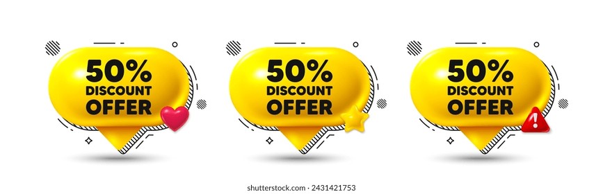Chat speech bubble 3d icons. 50 percent discount tag. Sale offer price sign. Special offer symbol. Discount chat offer. Speech bubble banners. Text box balloon. Vector
