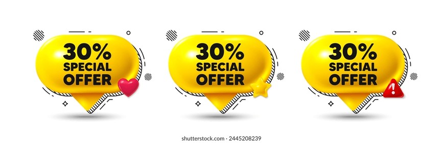 Chat speech bubble 3d icons. 30 percent discount offer tag. Sale price promo sign. Special offer symbol. Discount chat offer. Speech bubble banners. Text box balloon. Vector