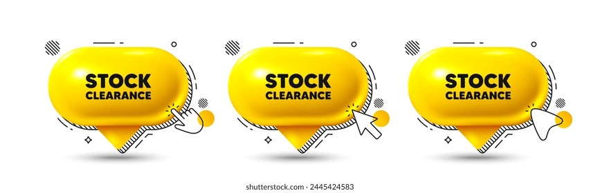 Chat speech bubble 3d icons. Stock clearance sale tag. Special offer price sign. Advertising discounts symbol. Stock clearance chat offer. Speech bubble banners. Text box balloon. Vector