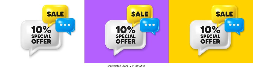 Chat speech bubble 3d icons. 10 percent discount offer tag. Sale price promo sign. Special offer symbol. Discount chat text box. Speech bubble banner. Offer box balloon. Vector