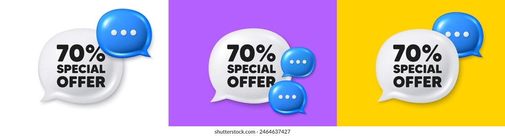 Iconos 3d de la burbuja del discurso del chat. Etiqueta de oferta de descuento del 70 por ciento. Signo de promoción de Precio de venta. Símbolo de oferta especial. Cuadro de texto de chat de descuento. Anuncio de burbuja de voz. Ofrecer globo de caja. Vector
