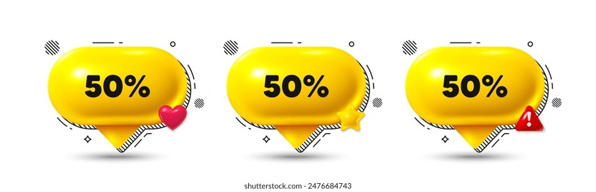 Chat speech bubble 3d icons. 50 percent off sale tag. Discount offer price sign. Special offer symbol. Discount chat offer. Speech bubble banners. Text box balloon. Vector