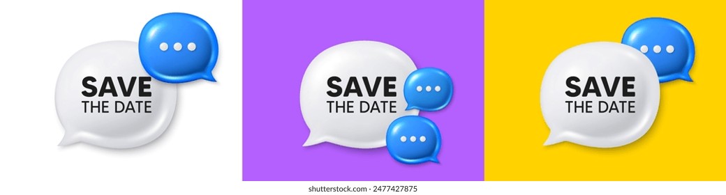 Chat-Sprechblasen-3D-Symbole. Speichern Das Datum-Tag. Angebot für Kalenderbesprechungen. Speichern Terminnachricht. Speichern Datum-Chat-Textfeld. Sprechblasen-Banner. Biete Box Ballon. Vektorgrafik