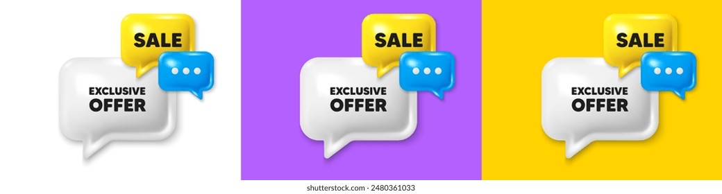 Chat speech bubble 3d icons. Exclusive offer tag. Sale price sign. Advertising discounts symbol. Exclusive offer chat text box. Speech bubble banner. Offer box balloon. Vector