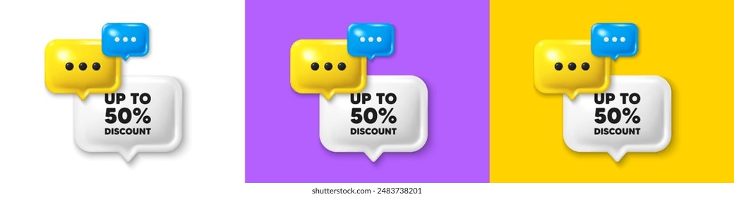 Chat speech bubble 3d icons. Up to 50 percent discount. Sale offer price sign. Special offer symbol. Save 50 percentages. Discount tag chat text box. Speech bubble banner. Offer box balloon. Vector