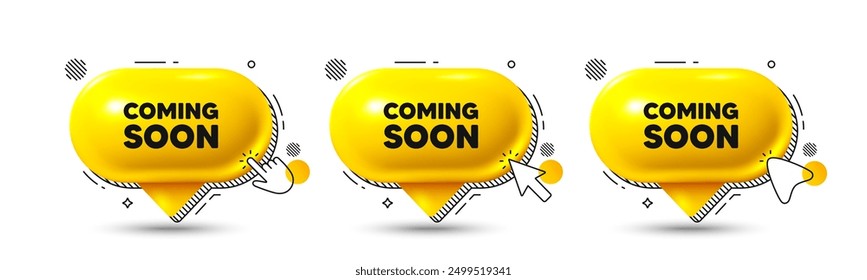 Chat speech bubble 3d icons. Coming soon tag. Promotion banner sign. New product release symbol. Coming soon chat offer. Speech bubble banners. Text box balloon. Vector