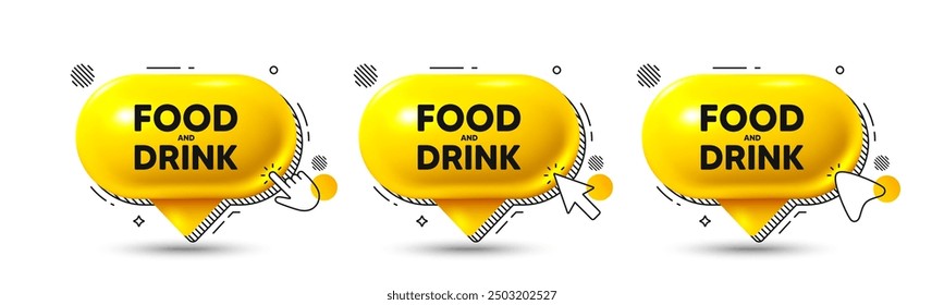 Chat-Sprechblasen 3D-Symbole. Tag für Essen und Trinken. Küchenessen Angebot. Speisekarte des Restaurants. Essen und Trinken Chat-Angebot. Sprechblasenbanner. Textfeldblase. Vektorgrafik
