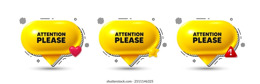 Chat-Sprechblasen 3D-Symbole. Achtung, bitte markieren. Sonderangebotszeichen. Wichtiges Informationssymbol. Achtung, bitte Chat-Angebot. Sprechblasenbanner. Textfeldblase. Vektorgrafik