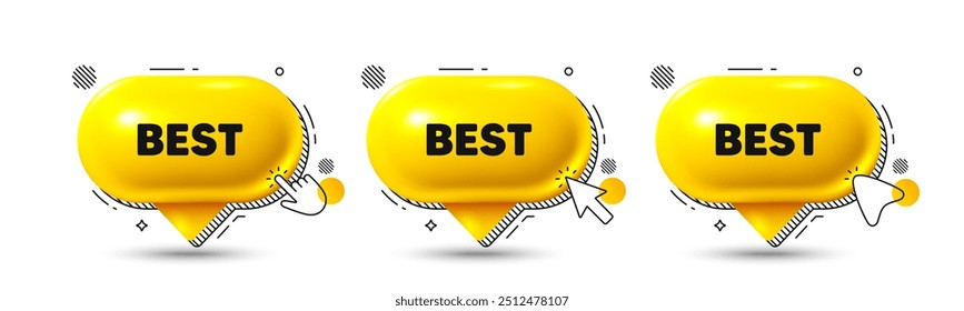 Chat-Sprechblasen 3D-Symbole. Bestes Promotion-Tag. Sonderangebot Verkaufsschild. Symbol für Werberabatte. Bestes Chat-Angebot. Sprechblasenbanner. Textfeldblase. Vektorgrafik