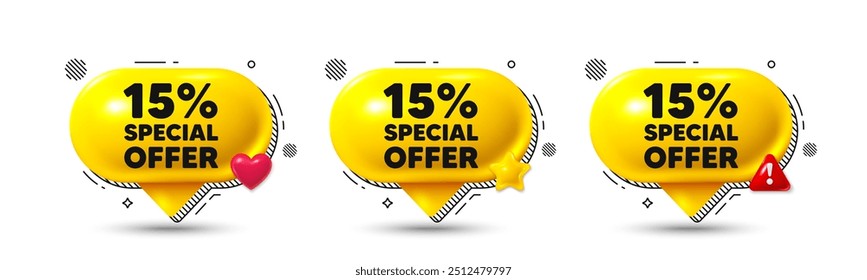 Conversar ícones 3d de balões de fala. etiqueta de oferta de desconto de 15%. Sinal de promoção de preço de venda. Símbolo de oferta especial. Oferta de bate-papo com desconto. Faixas de balão de fala. Balão de caixa de texto. Vetor