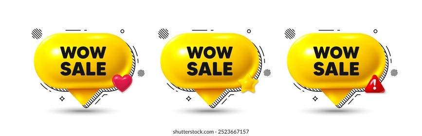 Chat speech bubble 3d icons. Wow Sale tag. Special offer price sign. Advertising Discounts symbol. Wow sale chat offer. Speech bubble banners. Text box balloon. Vector