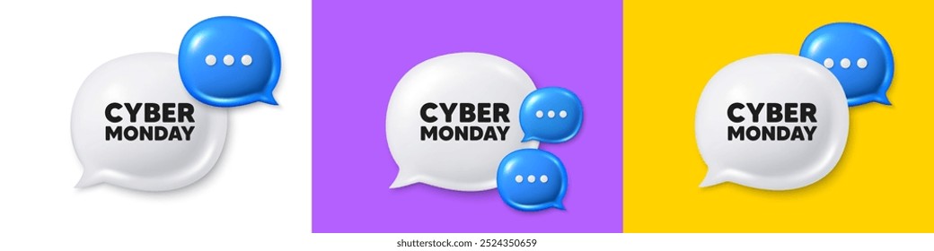 Iconos 3d de la burbuja del discurso del chat. Etiqueta de venta de Cyber Monday. Muestra de Precio de oferta especial. Símbolo de Descuentos publicitarios. Cuadro de texto de chat de lunes cibernético. Anuncio de la burbuja del discurso. Globo de la caja de la oferta. Vector