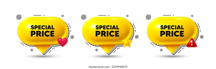 Chat speech bubble 3d icons. Special price tag. Sale sign. Advertising Discounts symbol. Special price chat offer. Speech bubble banners. Text box balloon. Vector